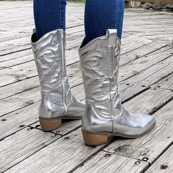 AT COST 🛑Country Silver grey Western Cowgirl Boots Leather Side Zipper cowboy - Picture 3 of 3